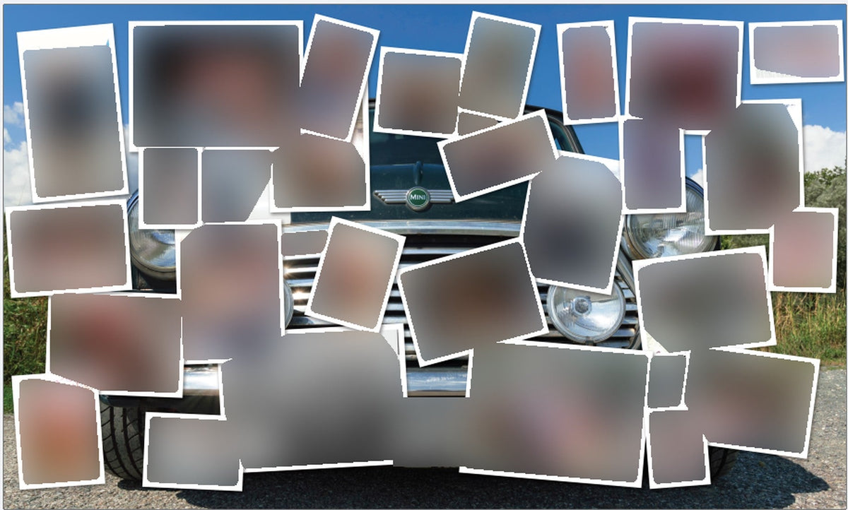 Artwork for the personalised Pimp My Shed table, a photo collage over a classic Mini, with the family photos blurred