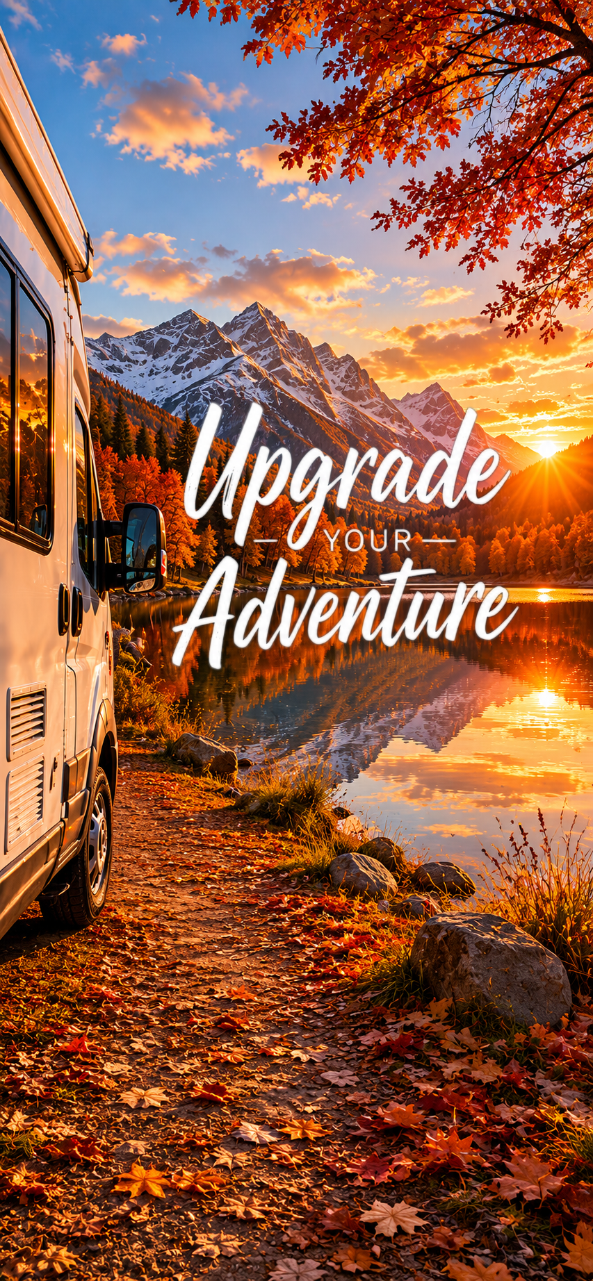 Motorhome parked by a mountain lake in autumn, upgrade your adventure