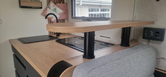 Oak Pilote shelf with black upstands, fitted in a Pilote motorhome