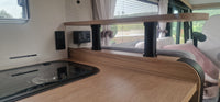 Oak Pilote shelf with black upstands, looking towards the window