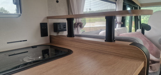 Oak Pilote shelf with black upstands, looking towards the window